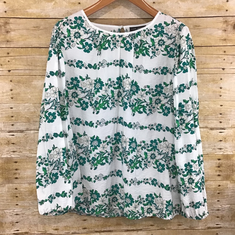 Lane Bryant Women 22 White Green Floral Stripe Blouse Long Sleeve Keyhole‎ Top